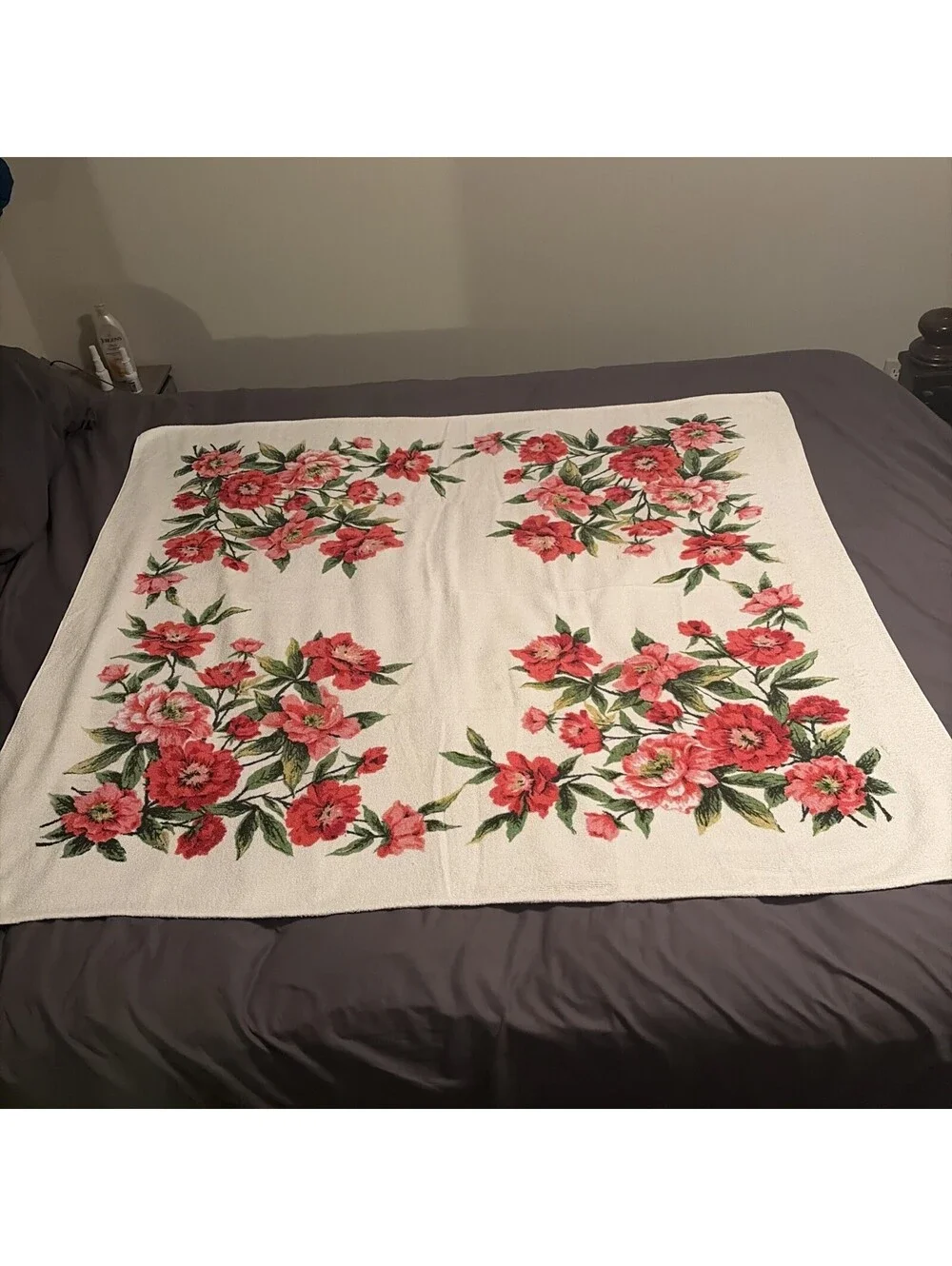 Vintage 1970’s Terrycloth Tablecloth Bright Pink Colorful Flowers 50”x44”